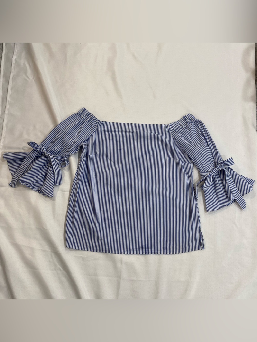 H&M Blue and White Striped Off-Shoulder Tie-Sleeve Top